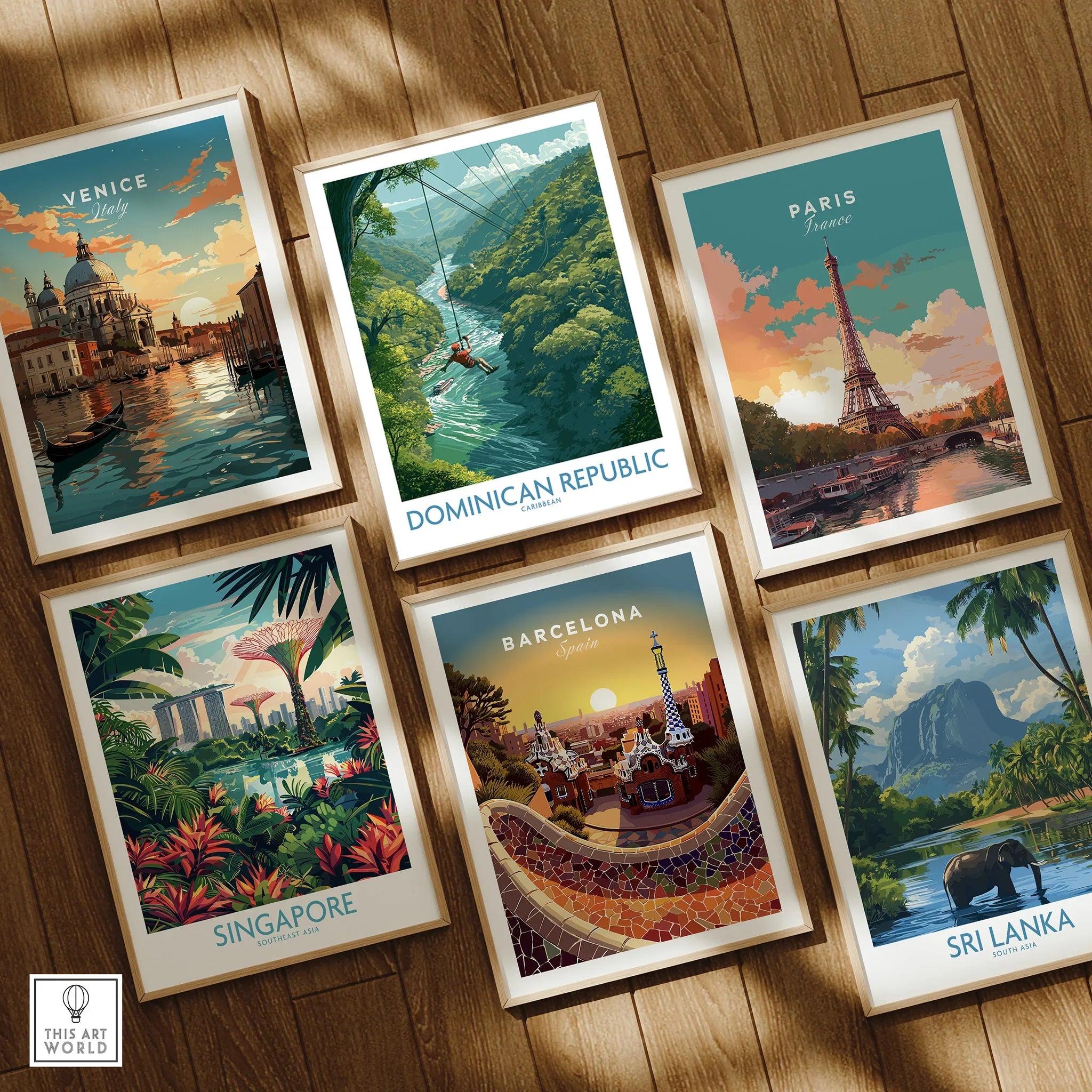 Framed travel posters of Venice, Paris, Barcelona, Singapore, Sri Lanka, and Dominican Republic for wall art decor