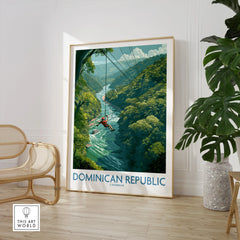 Dominican Republic travel poster with ziplining adventure over jungle river, Caribbean wall art decor