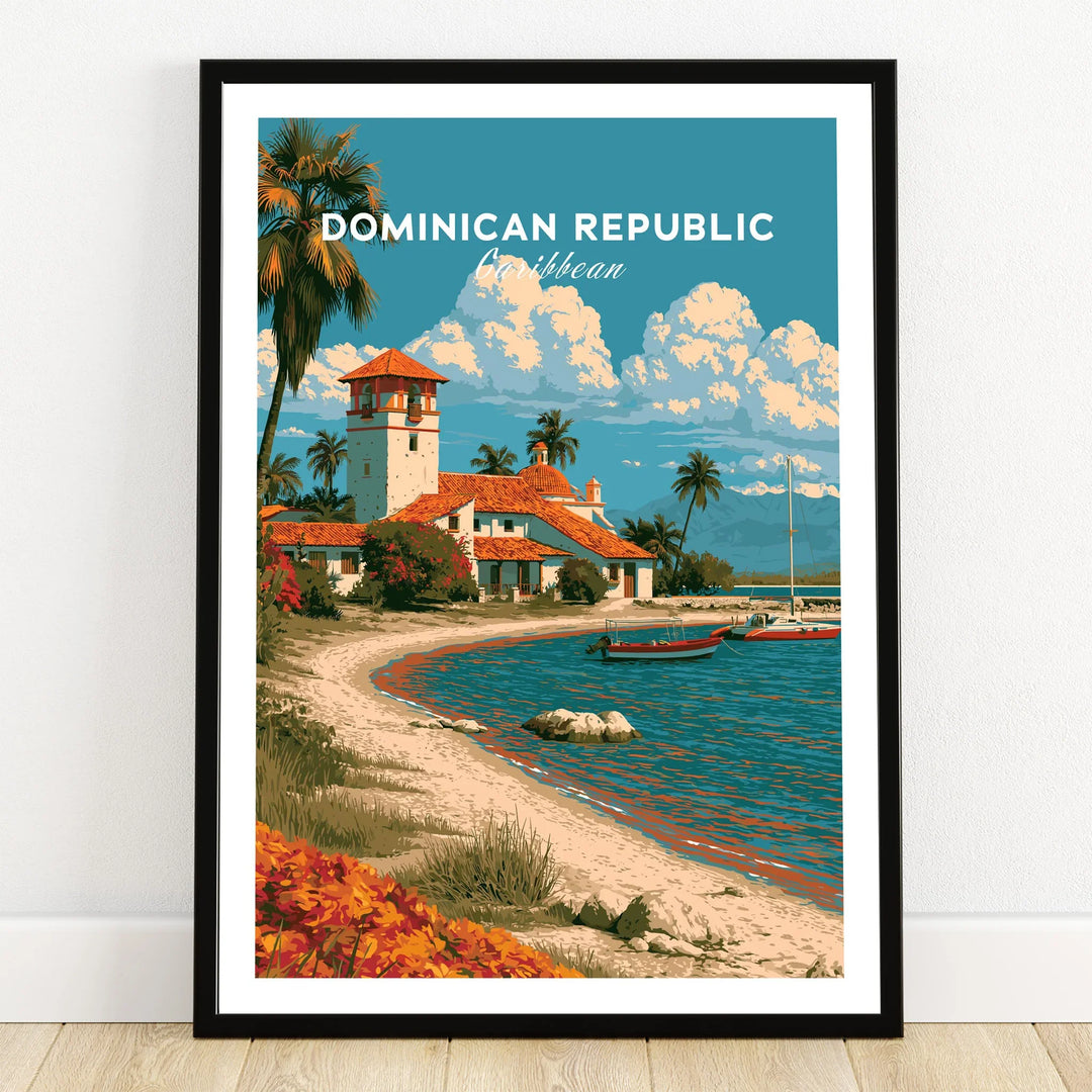 Dominican Republic Caribbean travel poster with beach, palm trees, and coastal village art print