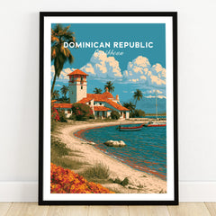 Dominican Republic Caribbean travel poster with beach, palm trees, and coastal village art print
