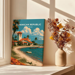 Dominican Republic travel poster with beach, palm trees, and coastal village, ideal for home wall art decor
