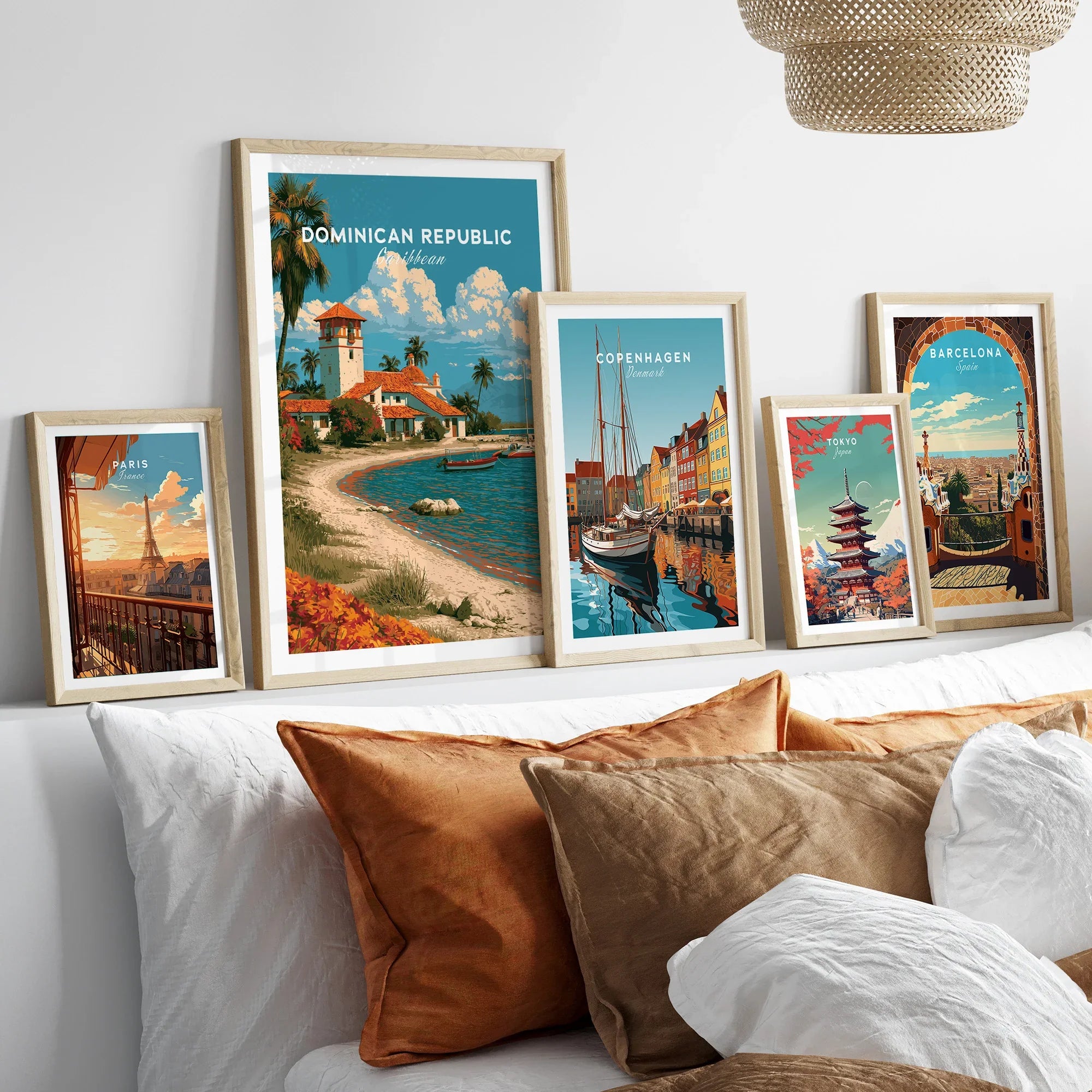 Framed travel posters of Paris, Dominican Republic, Copenhagen, Tokyo, and Barcelona for wall art decor
