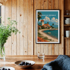 Dominican Republic Caribbean travel poster with beach, palm trees, and coastal villa, perfect for home wall art decor