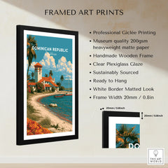 Framed Dominican Republic travel poster with beach, palm trees, and lighthouse, ideal wall art decor