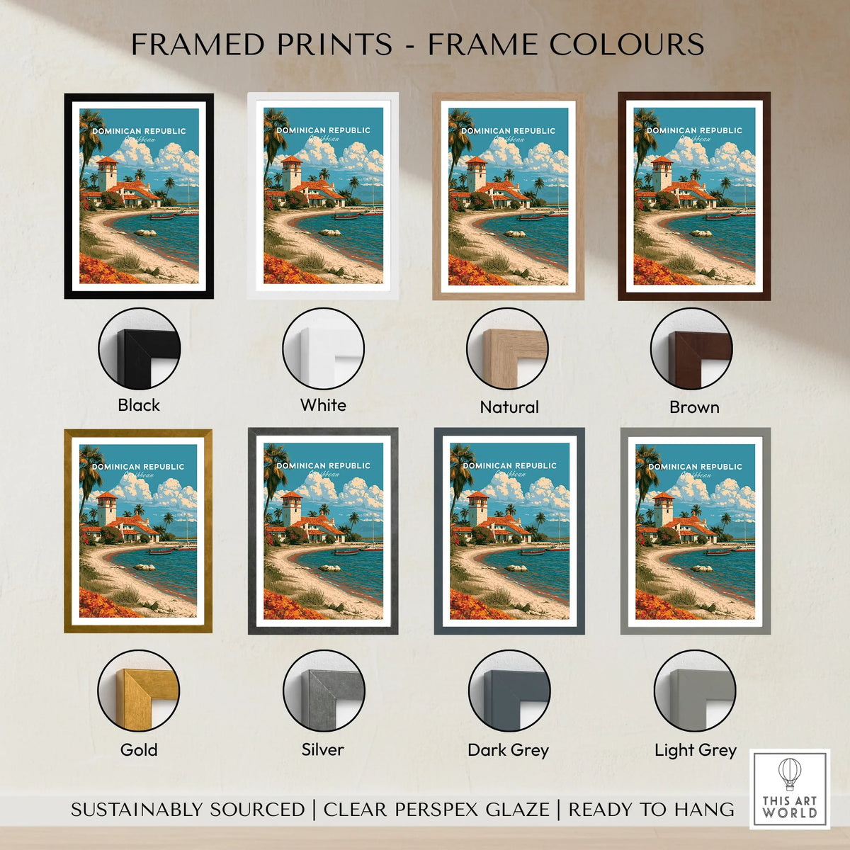 Dominican Republic travel poster in 8 frame colors: black, white, natural, brown, gold, silver, dark grey, light grey