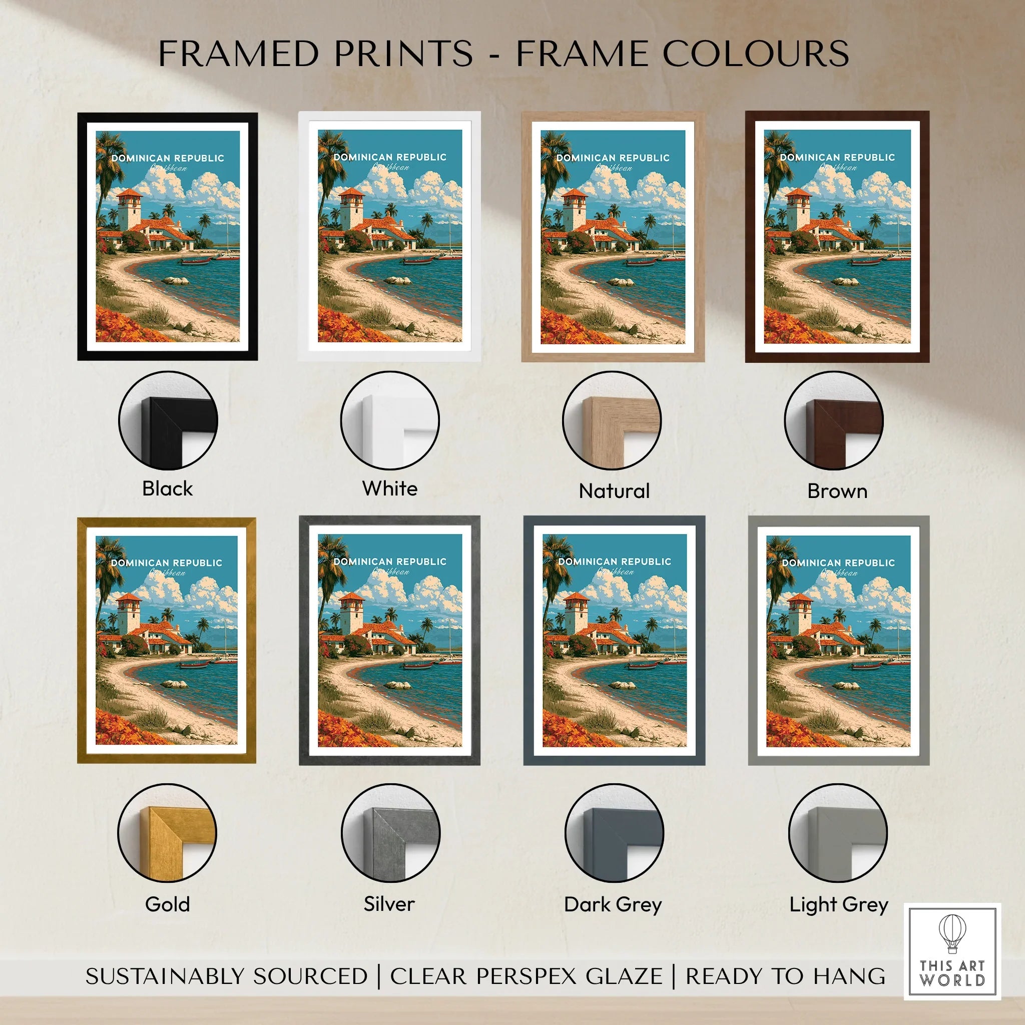 Dominican Republic travel poster in 8 frame colors: black, white, natural, brown, gold, silver, dark grey, light grey