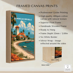 Framed canvas print of Dominican Republic Caribbean beach with palm trees, lighthouse, and boats, ready to hang