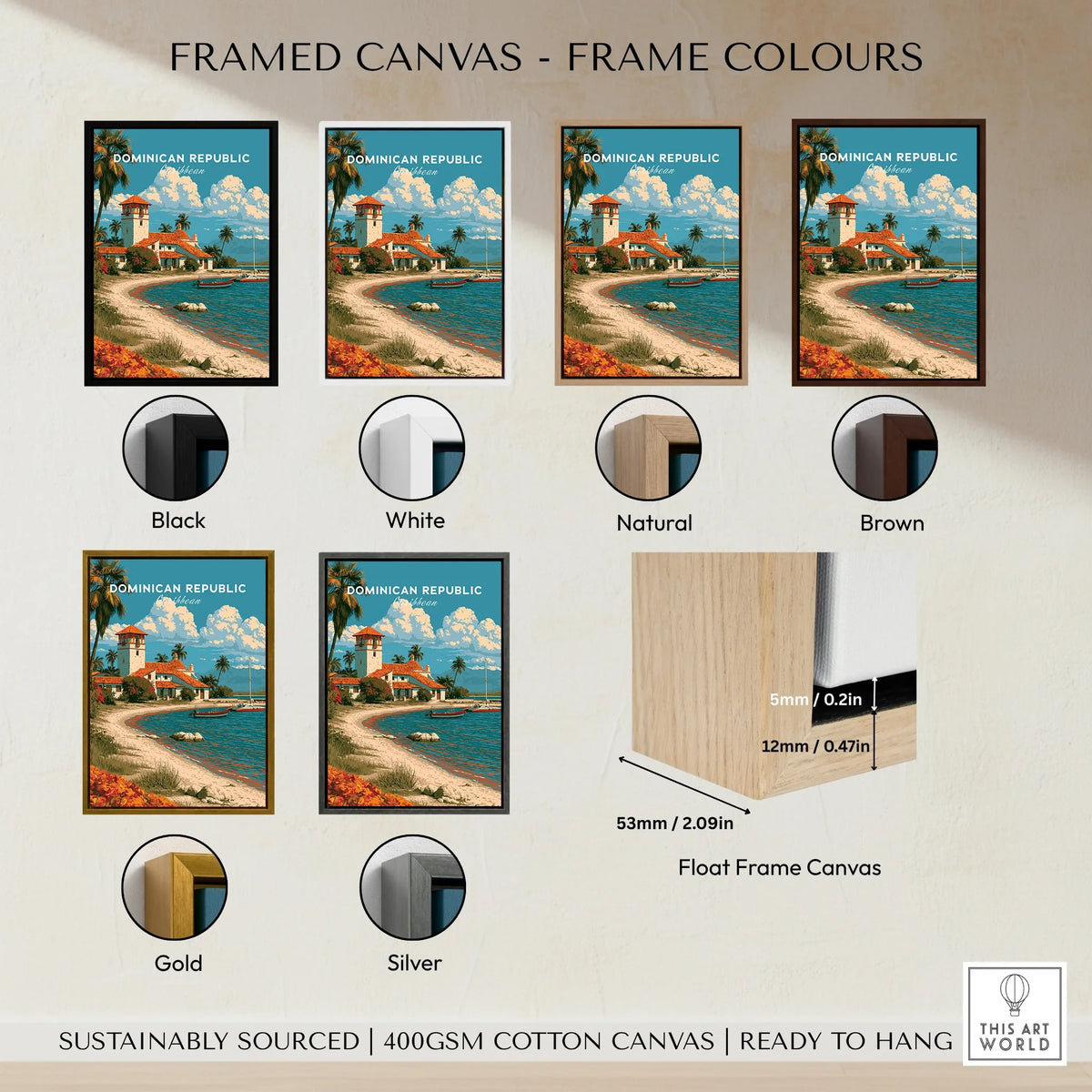 Dominican Republic travel poster in black, white, natural, brown, gold, and silver float frames, ready to hang