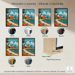 Dominican Republic travel poster in black, white, natural, brown, gold, and silver float frames, ready to hang
