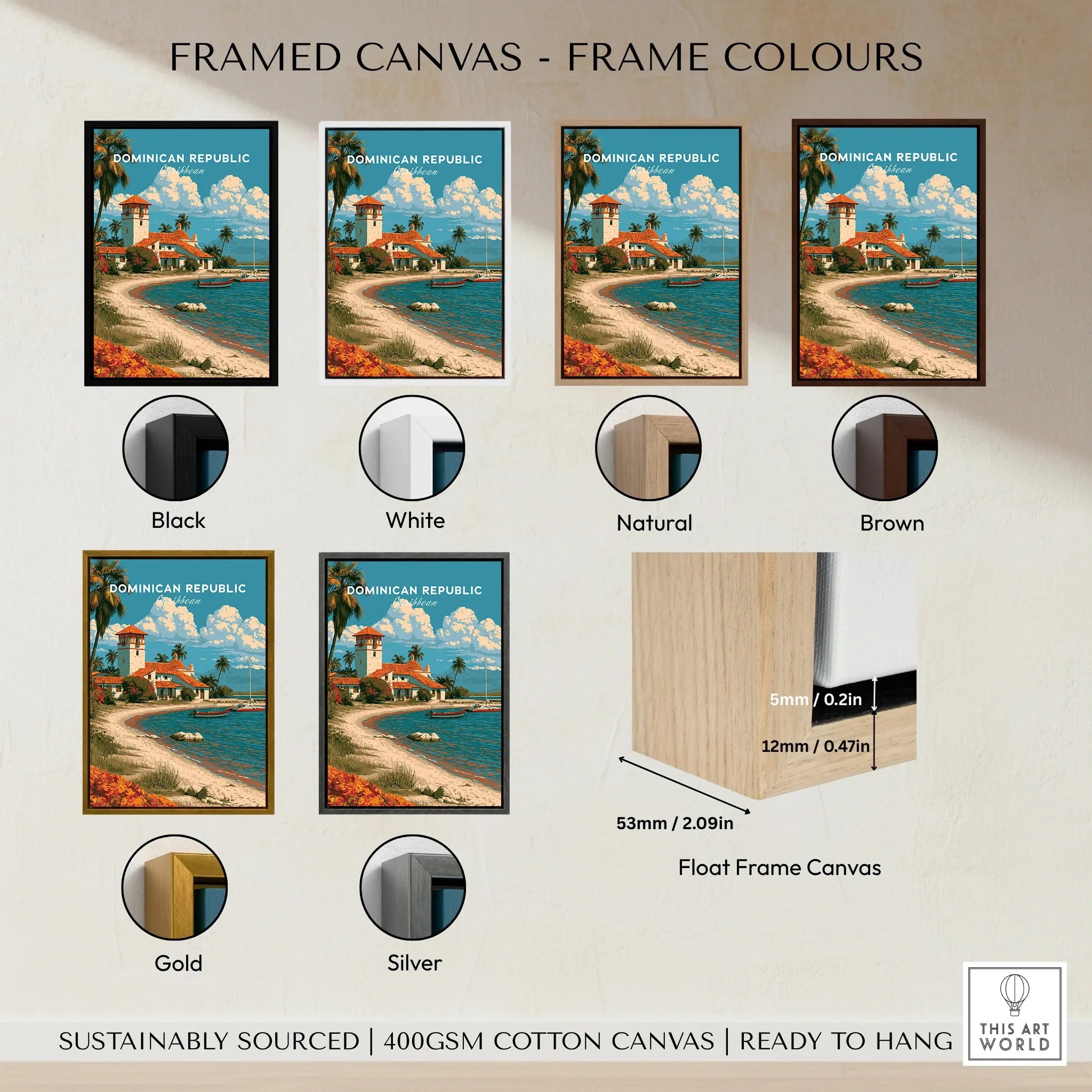 Dominican Republic travel poster in black, white, natural, brown, gold, and silver float frames, ready to hang
