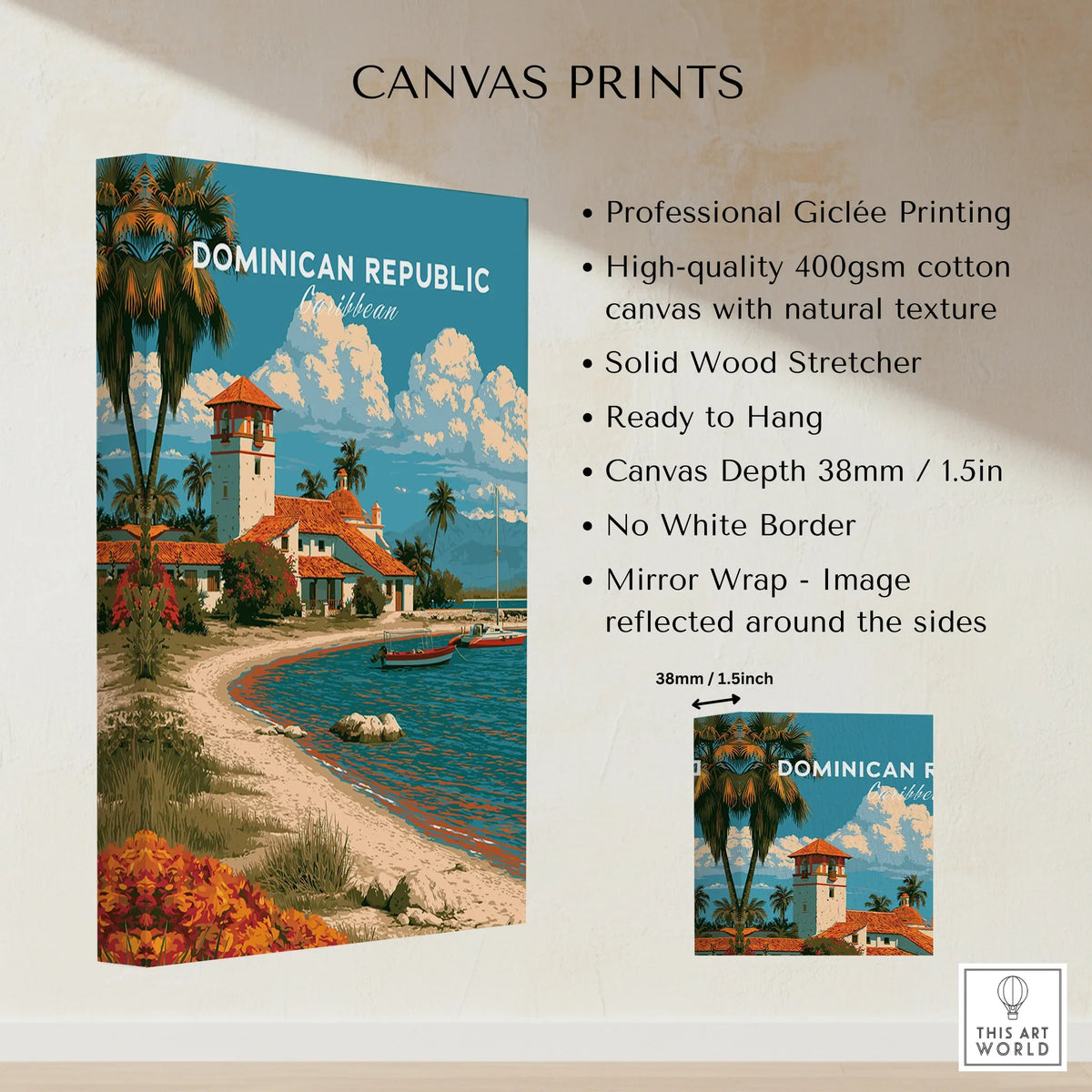 Dominican Republic Caribbean travel poster canvas print with palm trees, beach, and coastal architecture