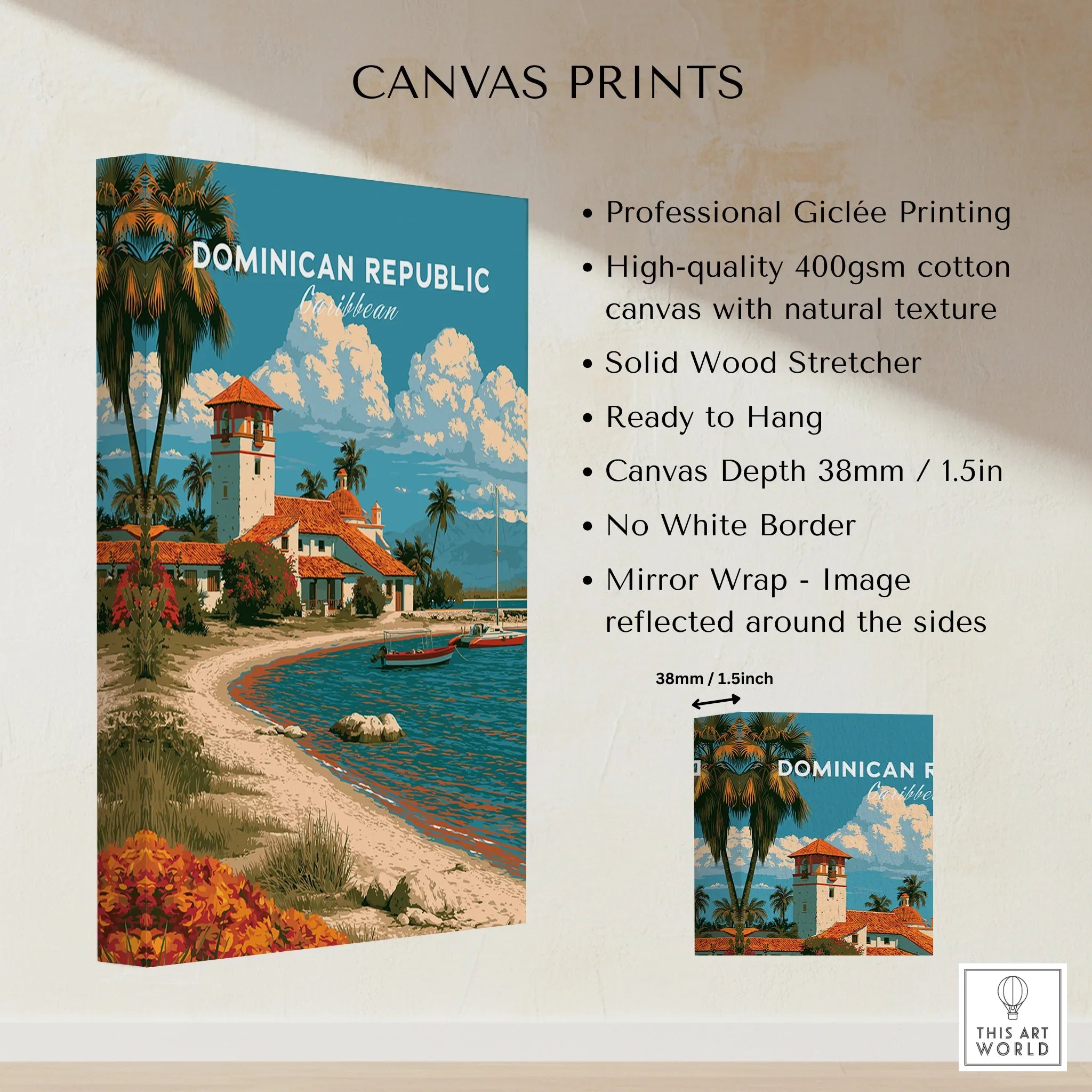 Dominican Republic Caribbean travel poster canvas print with palm trees, beach, and coastal architecture