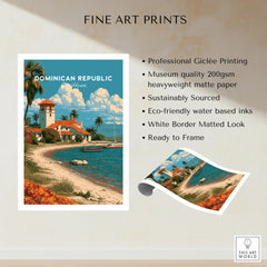 Dominican Republic Caribbean travel poster print with beach, palm trees, and coastal village, ready to frame