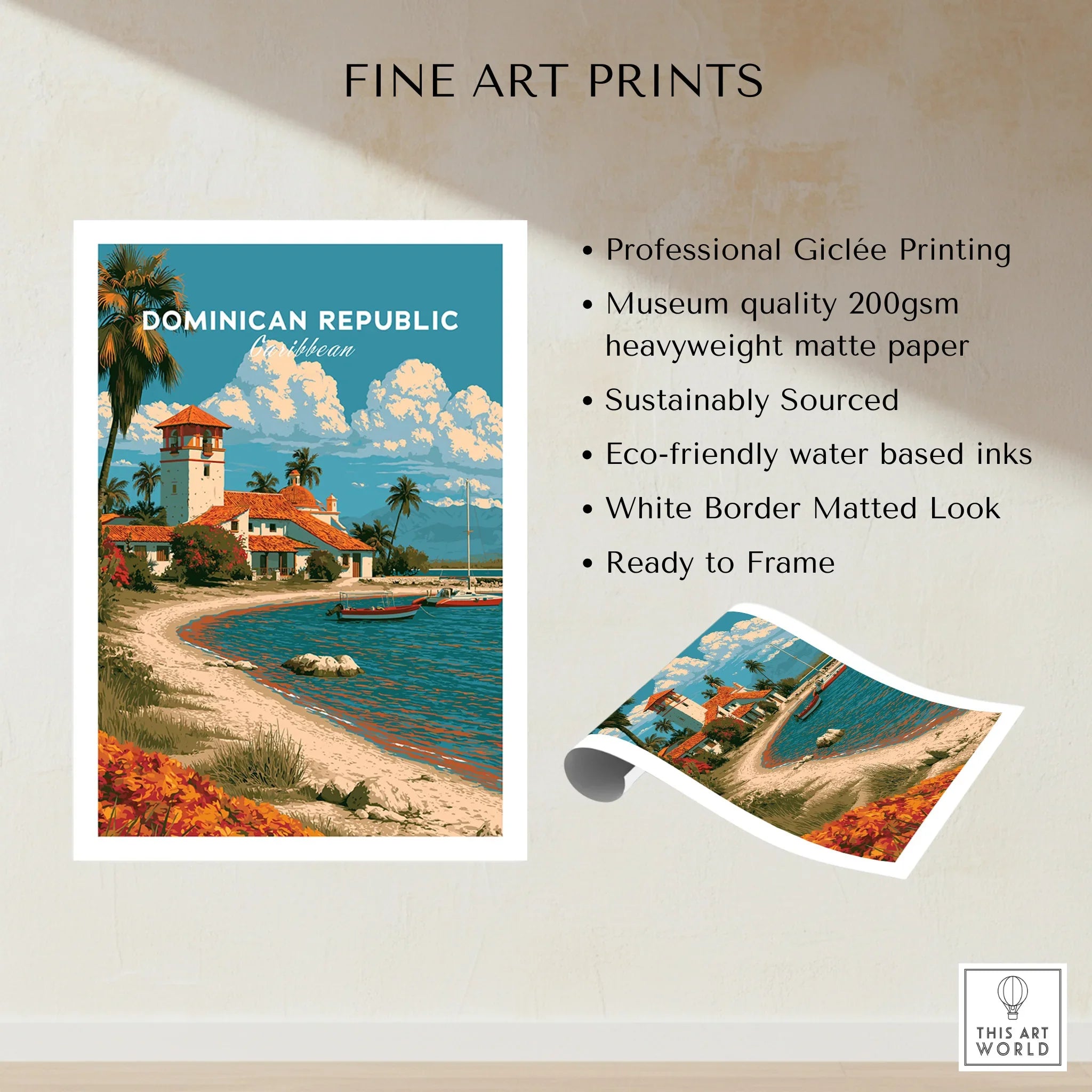 Dominican Republic Caribbean travel poster print with beach, palm trees, and coastal village, ready to frame