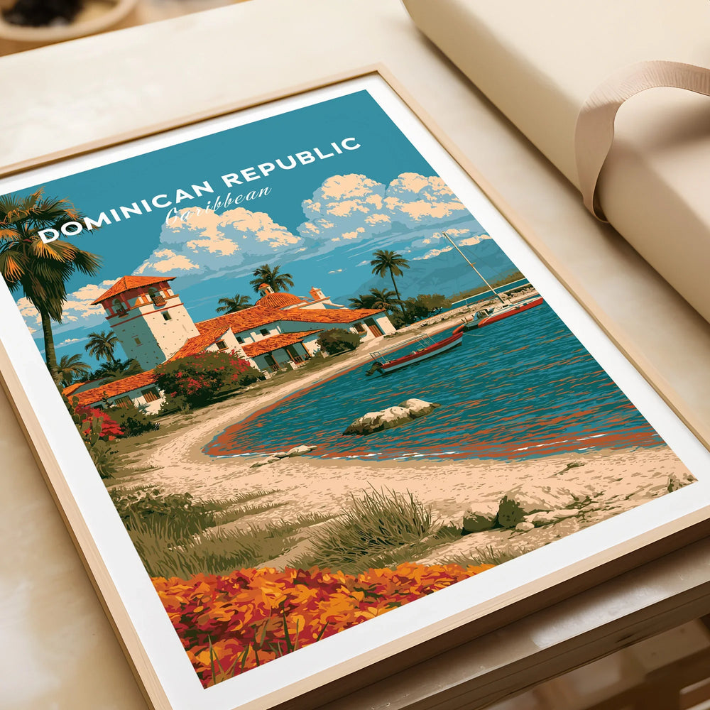 Dominican Republic Caribbean travel poster with beach, palm trees, and coastal village, framed wall art