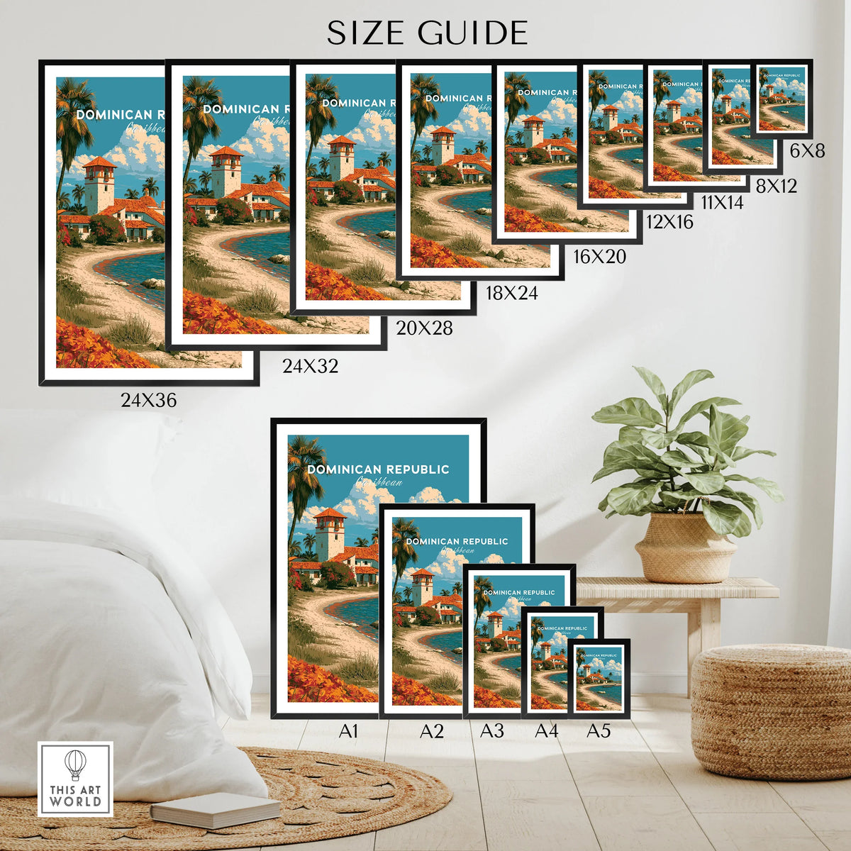 Dominican Republic travel poster size guide for wall art, featuring Caribbean beach scenes in various frame sizes