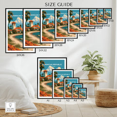 Dominican Republic travel poster size guide for wall art, featuring Caribbean beach scenes in various frame sizes