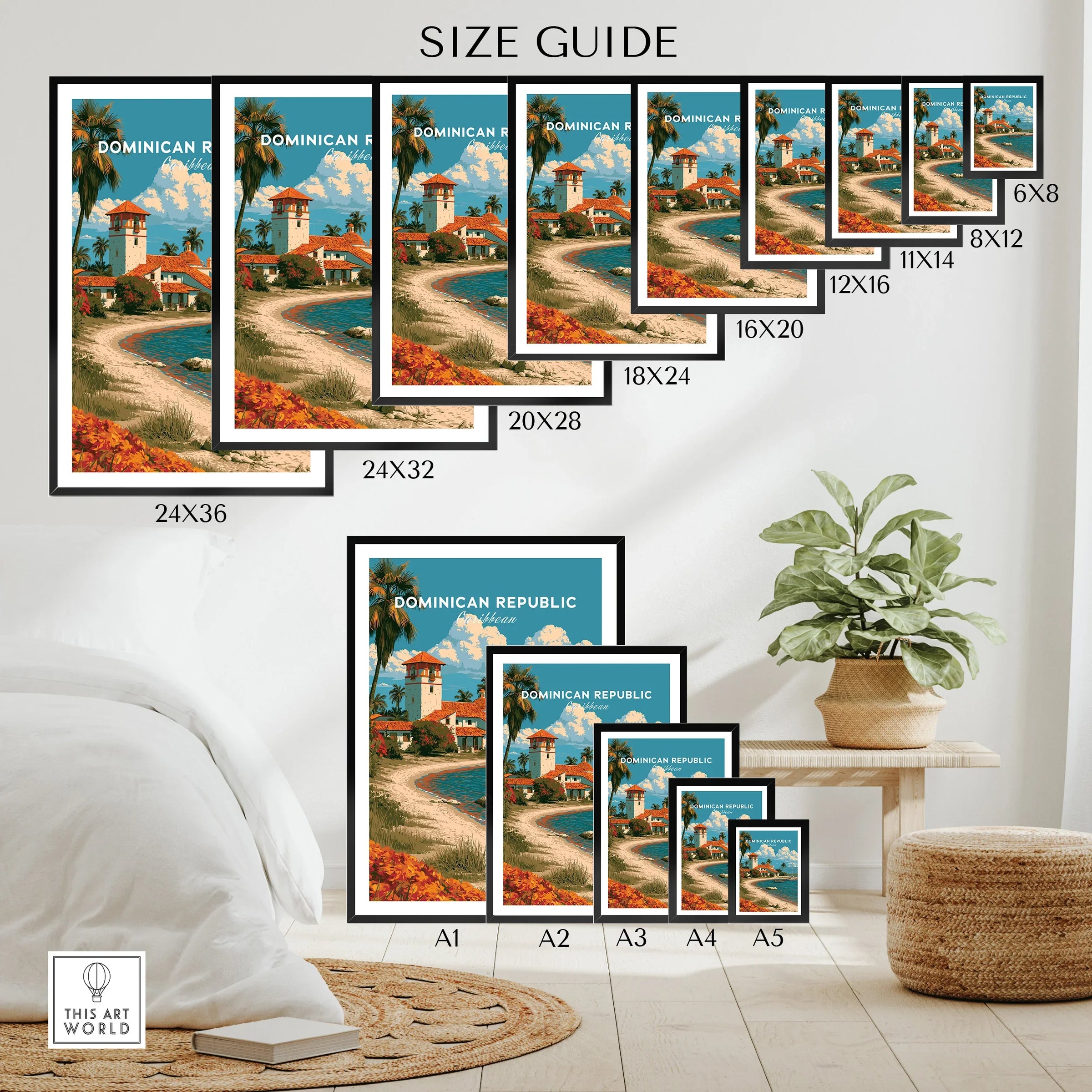 Dominican Republic travel poster size guide for wall art, featuring Caribbean beach scenes in various frame sizes