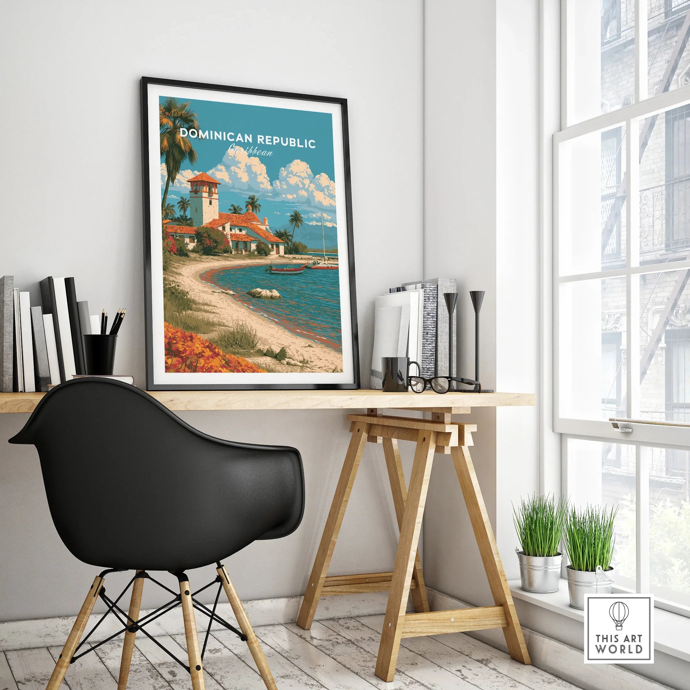Dominican Republic Caribbean travel poster with beach, palm trees, and coastal village, perfect for home wall art decor