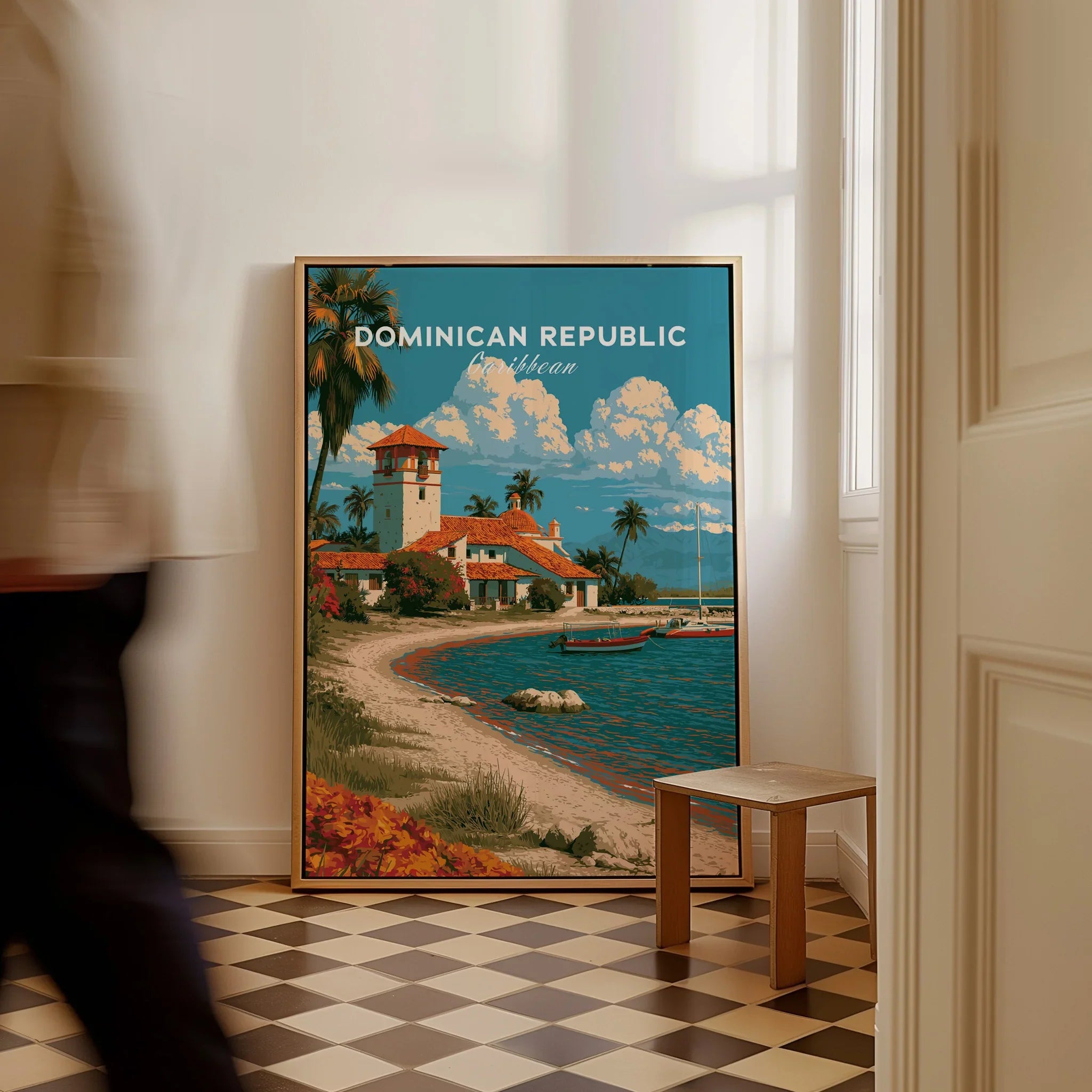 Dominican Republic Caribbean travel poster with beach, palm trees, and coastal village, perfect wall art decor