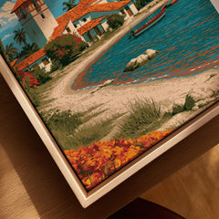 Tropical coastal town travel poster with vibrant flowers, palm trees, and waterfront houses for wall art decor