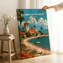 Dominican Republic Caribbean travel poster with beach, palm trees, and coastal village, ideal wall art decor