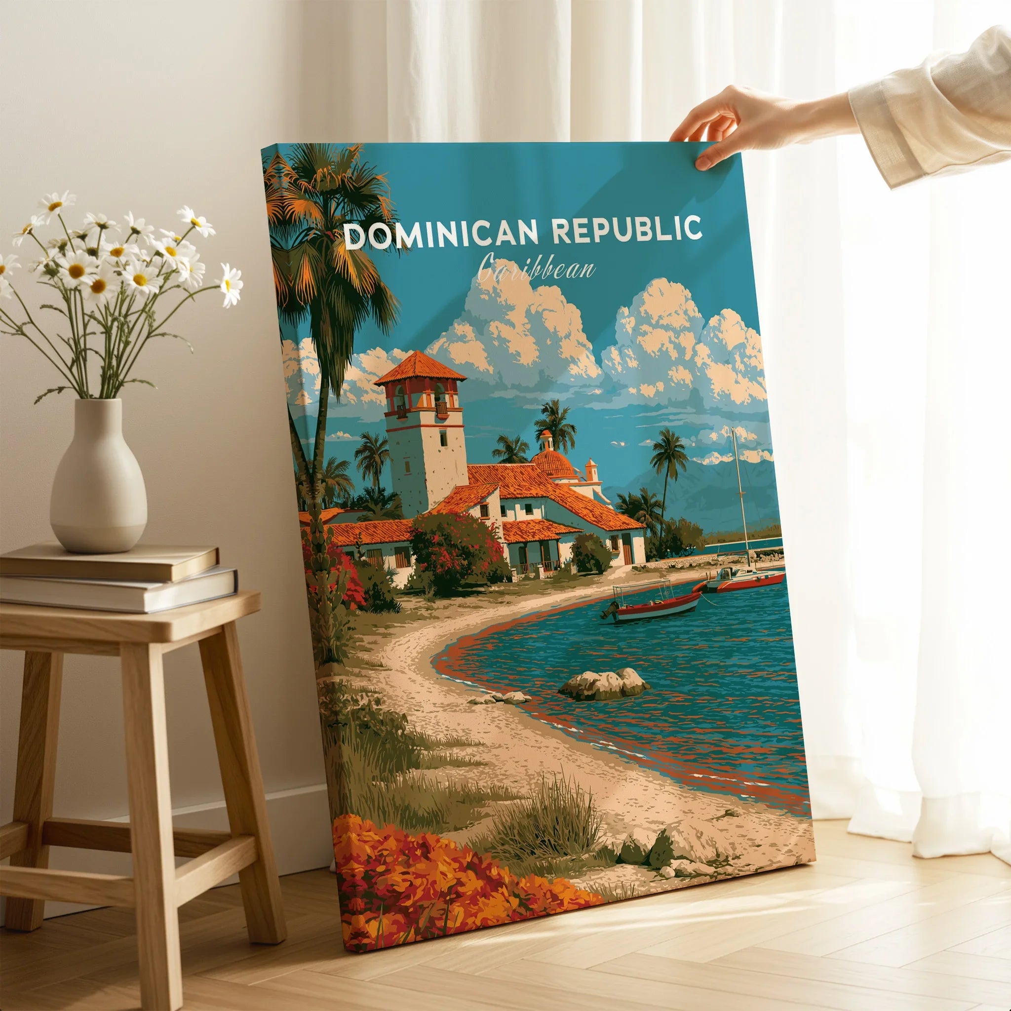 Dominican Republic Caribbean travel poster with beach, palm trees, and coastal village, ideal wall art decor