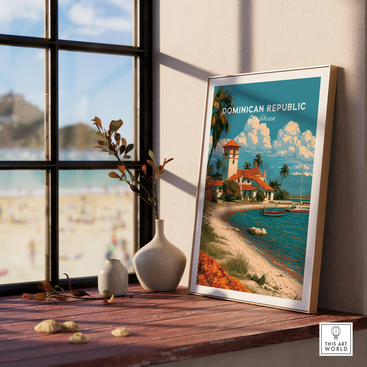 Dominican Republic Caribbean travel poster with beach, palm trees, and lighthouse, perfect for wall art decor