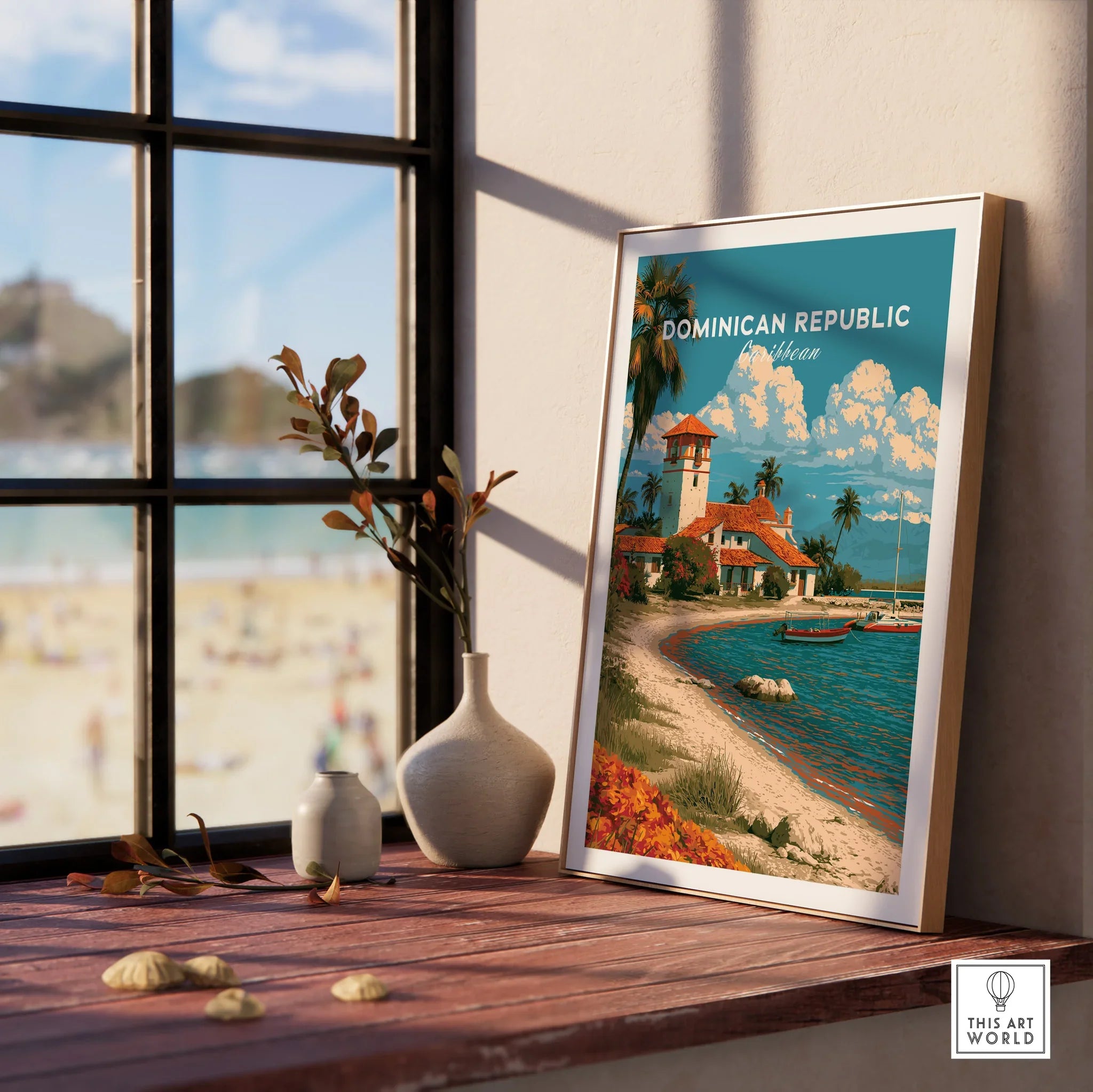 Dominican Republic Caribbean travel poster with beach, palm trees, and lighthouse, perfect for wall art decor