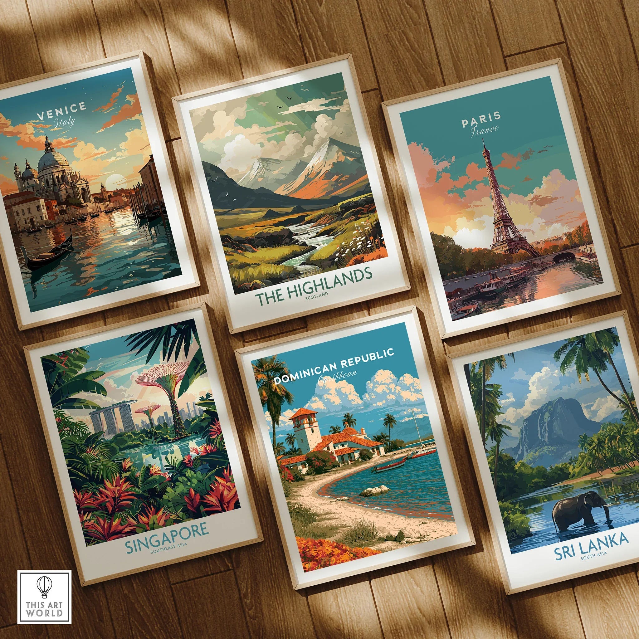 Framed travel posters of Venice, Paris, Highlands, Singapore, Dominican Republic, Sri Lanka on wood wall