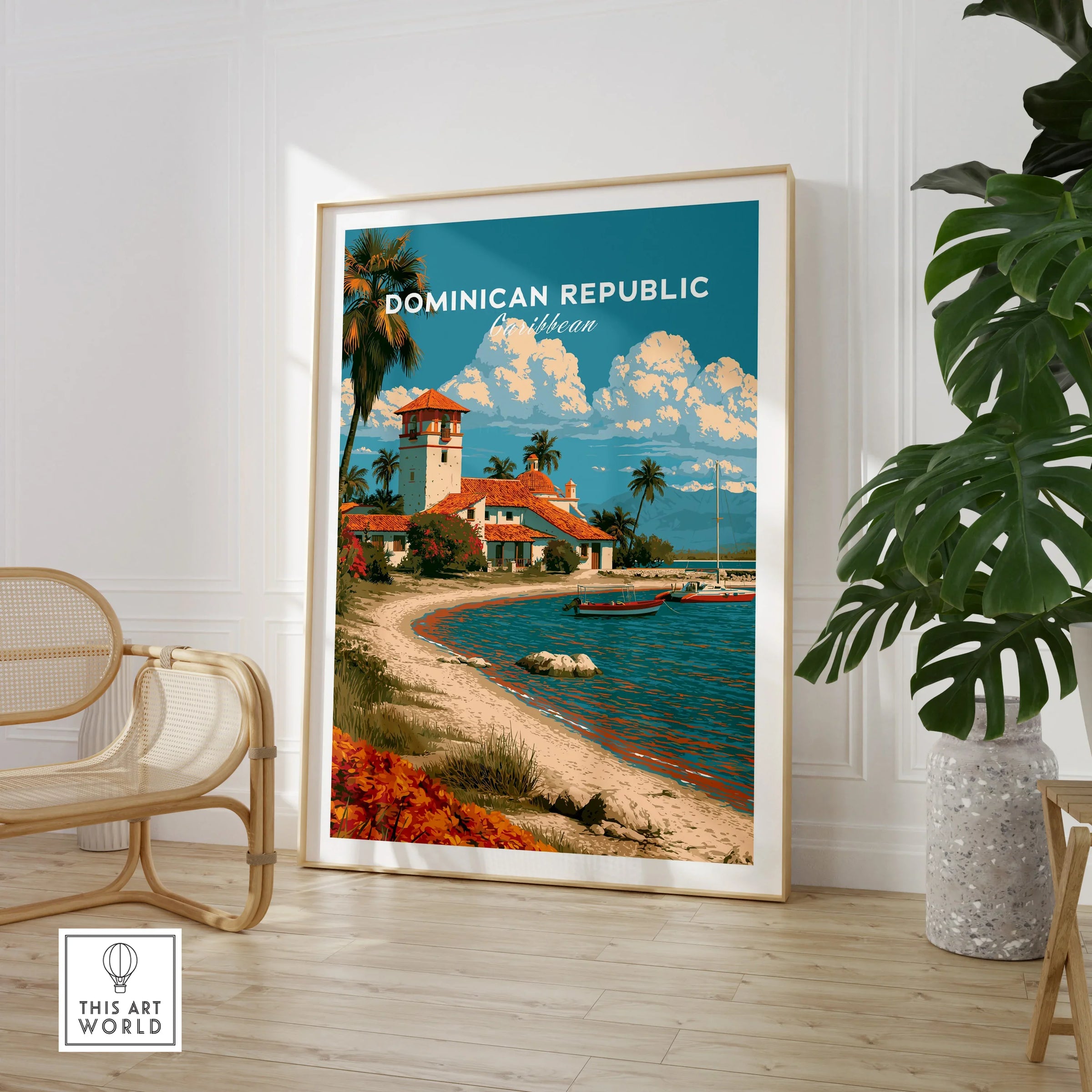 Dominican Republic Caribbean travel poster with beach, palm trees, and coastal village, perfect wall art decor
