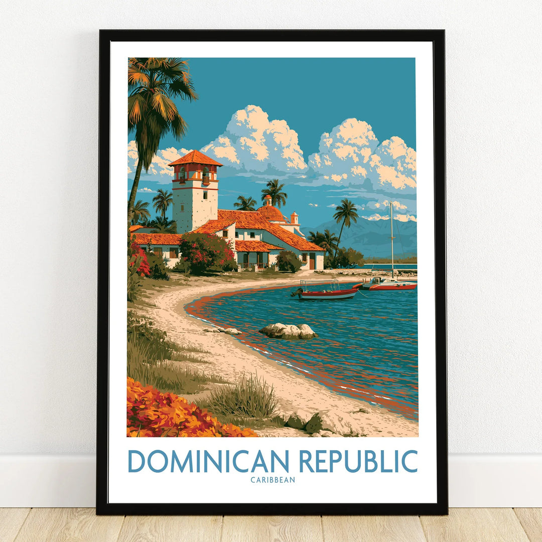 Dominican Republic Caribbean travel poster with beach, palm trees, and coastal village, ideal wall art decor