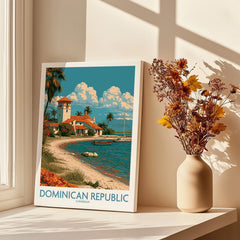 Dominican Republic travel poster with beach, palm trees, and coastal village, perfect for Caribbean wall art decor