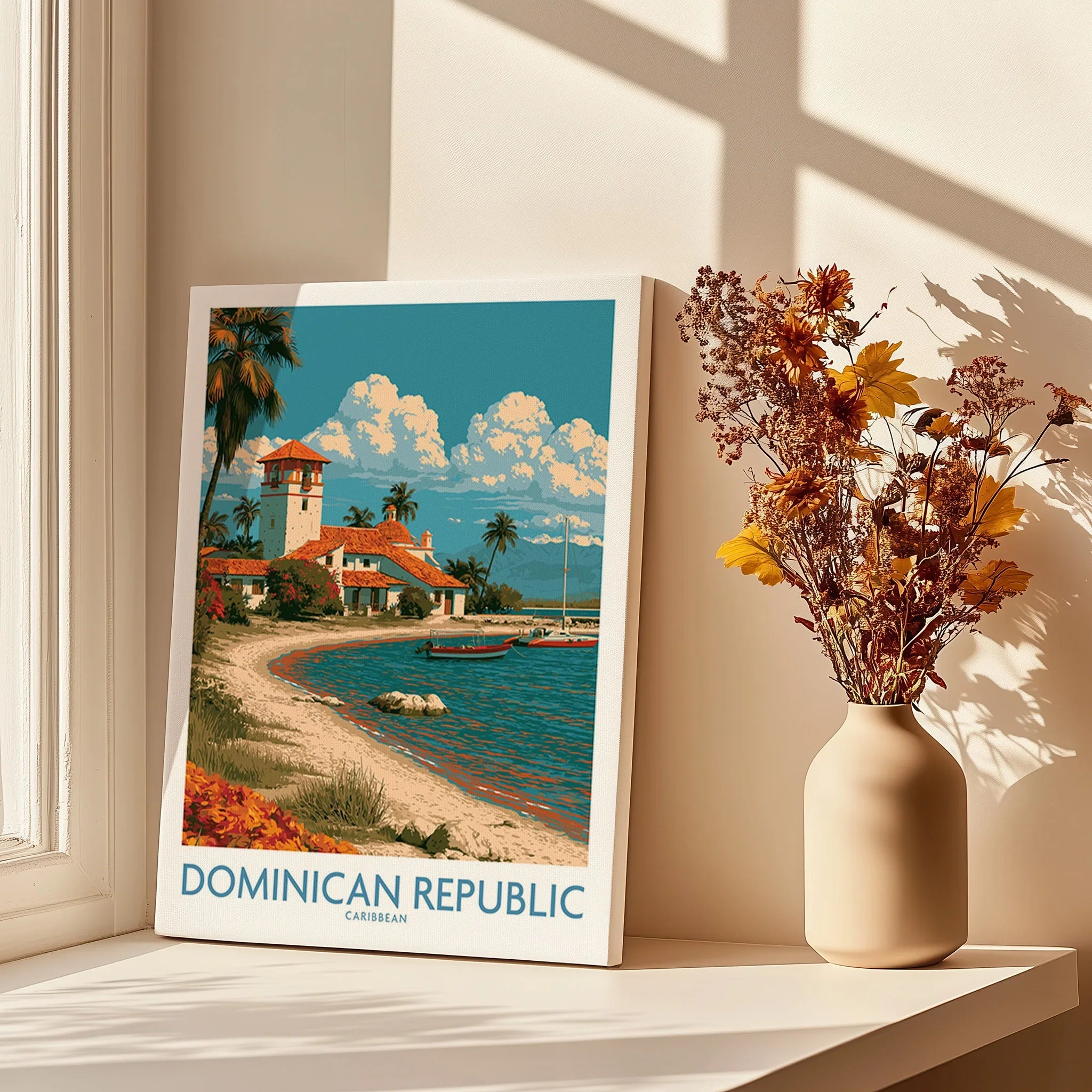 Dominican Republic travel poster with beach, palm trees, and coastal village, perfect for Caribbean wall art decor