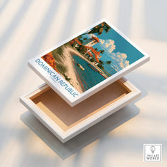 Dominican Republic travel poster canvas art with beach, palm trees, and Caribbean scenery for wall decor