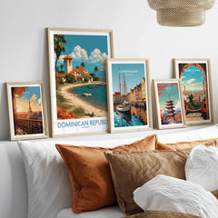 Framed travel posters of Paris, Dominican Republic, Copenhagen, Tokyo, and Barcelona for wall art decor