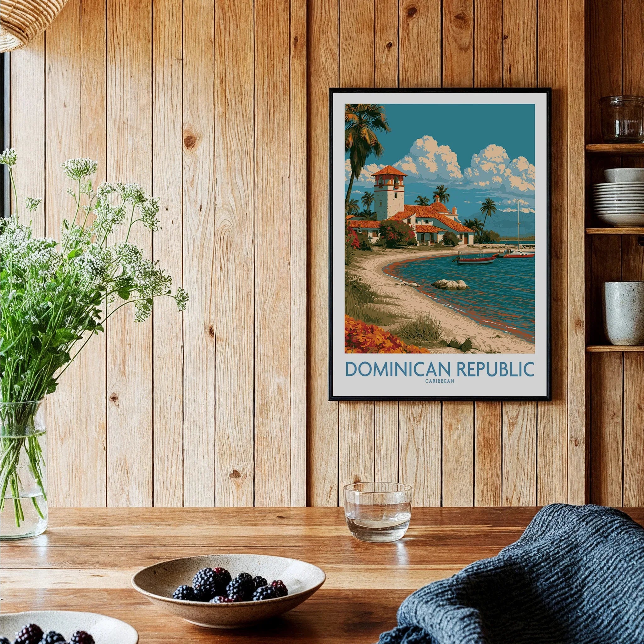 Dominican Republic Caribbean travel poster with beach, palm trees, and coastal villa, perfect for wall art decor.