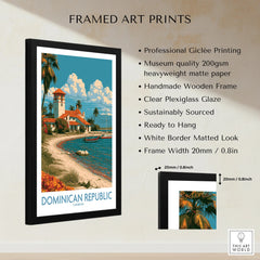 Framed Dominican Republic travel poster with beach, palm trees, and coastal villa, perfect wall art for home decor.