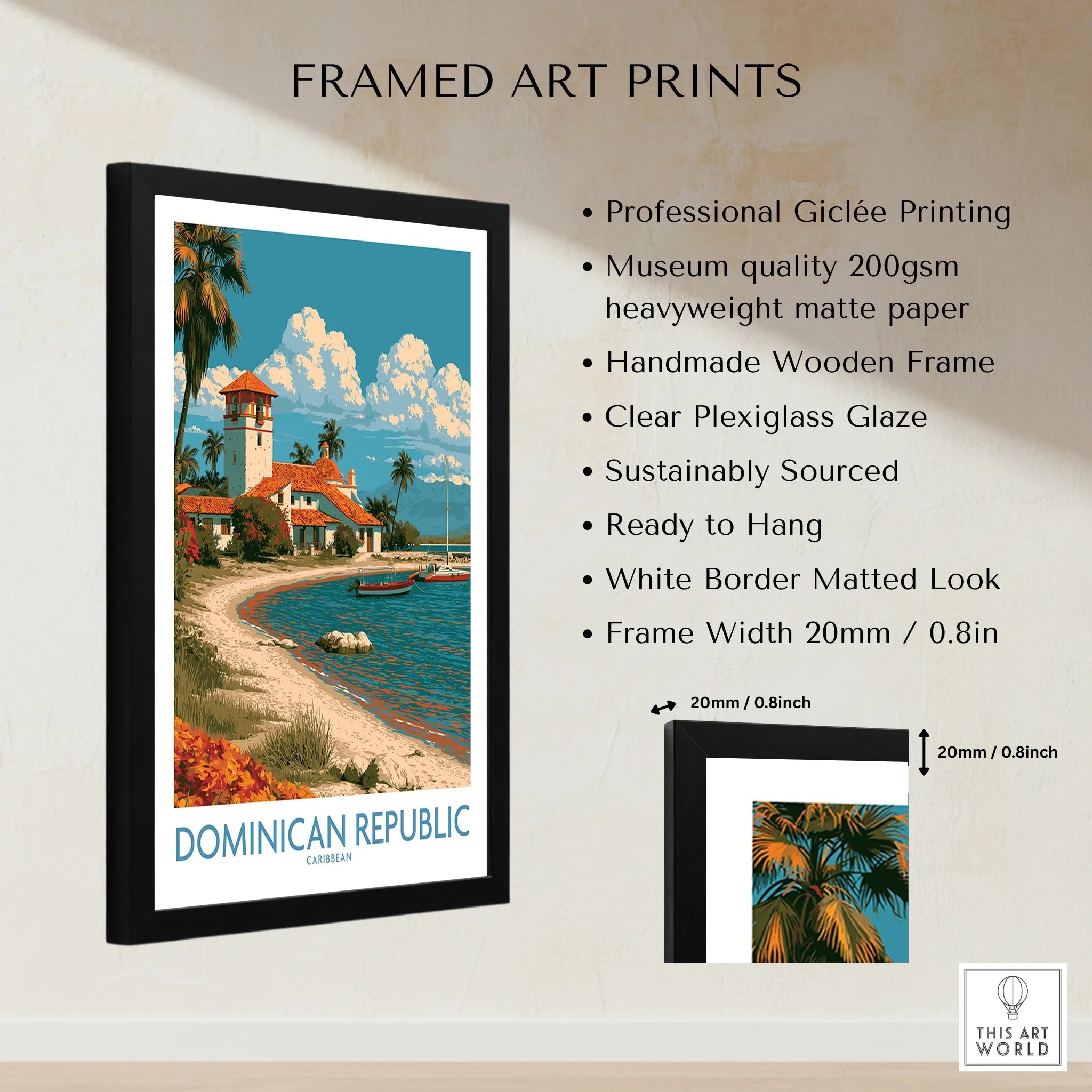 Framed Dominican Republic travel poster with beach, palm trees, and coastal villa, perfect wall art for home decor.