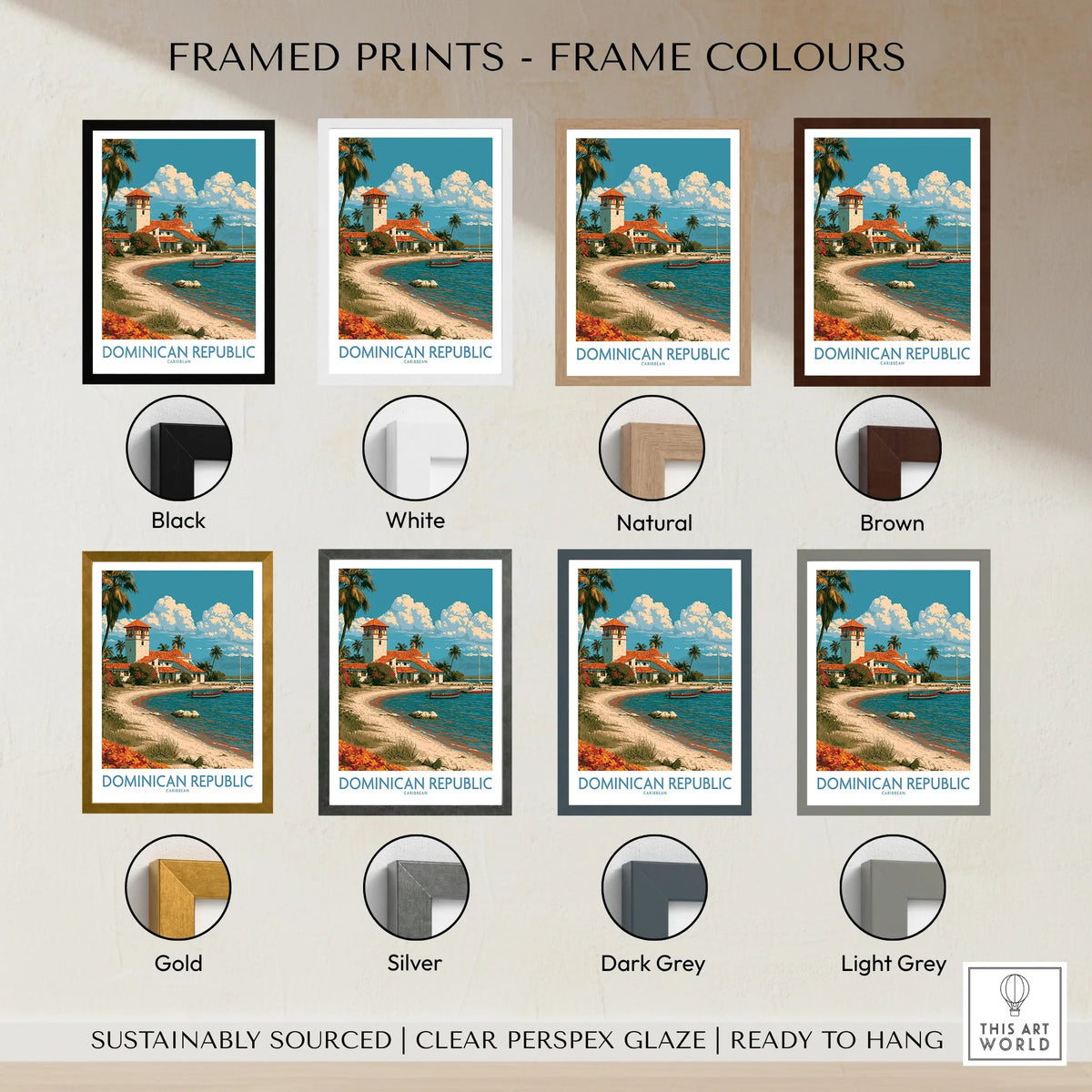 Dominican Republic travel poster in 8 frame colors: black, white, natural, brown, gold, silver, dark grey, light grey
