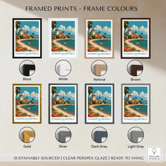 Dominican Republic travel poster in 8 frame colors: black, white, natural, brown, gold, silver, dark grey, light grey