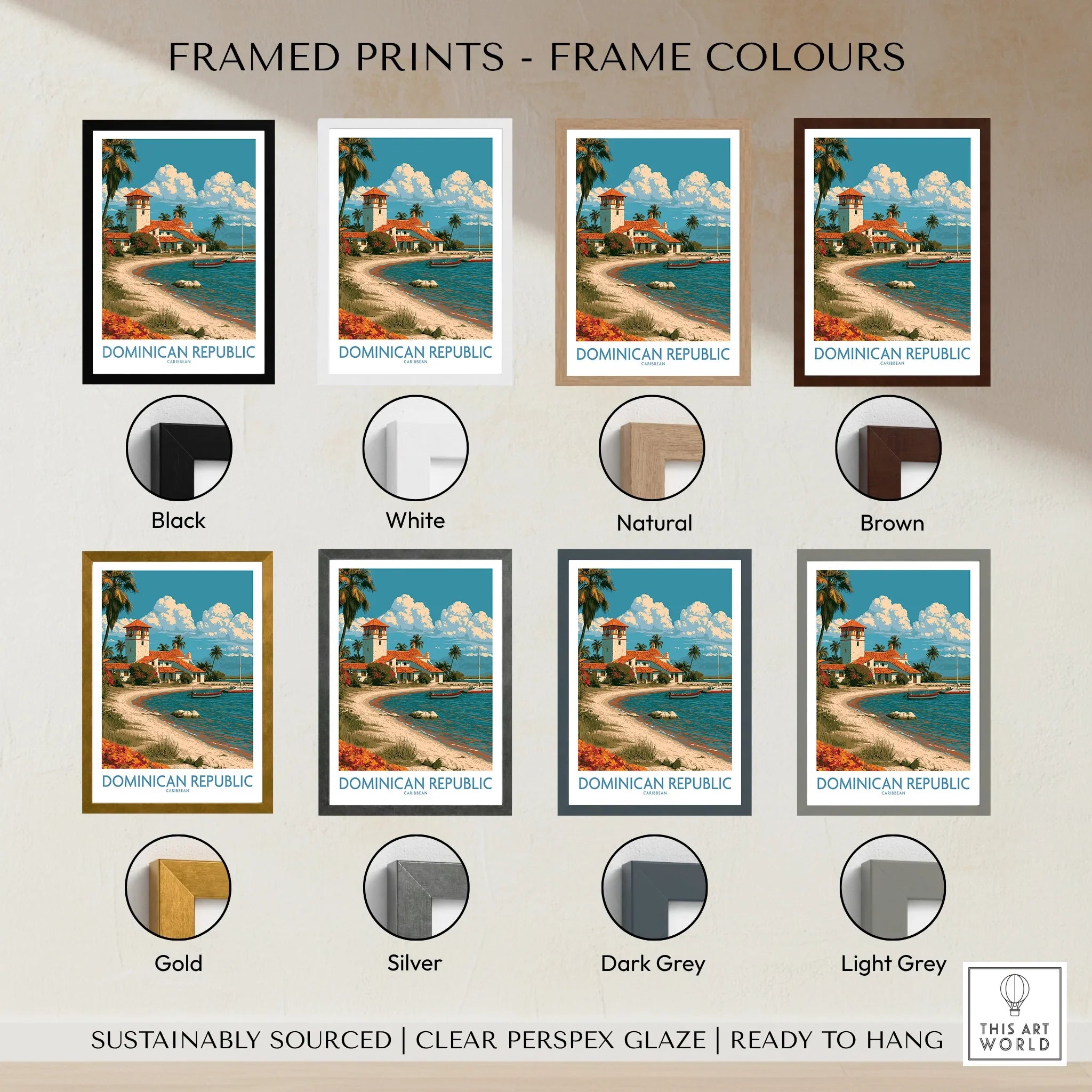 Dominican Republic travel poster in 8 frame colors: black, white, natural, brown, gold, silver, dark grey, light grey