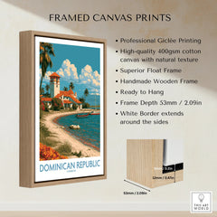 Framed Dominican Republic travel poster with beach, palm trees, and coastal village, ideal wall art for home decor.
