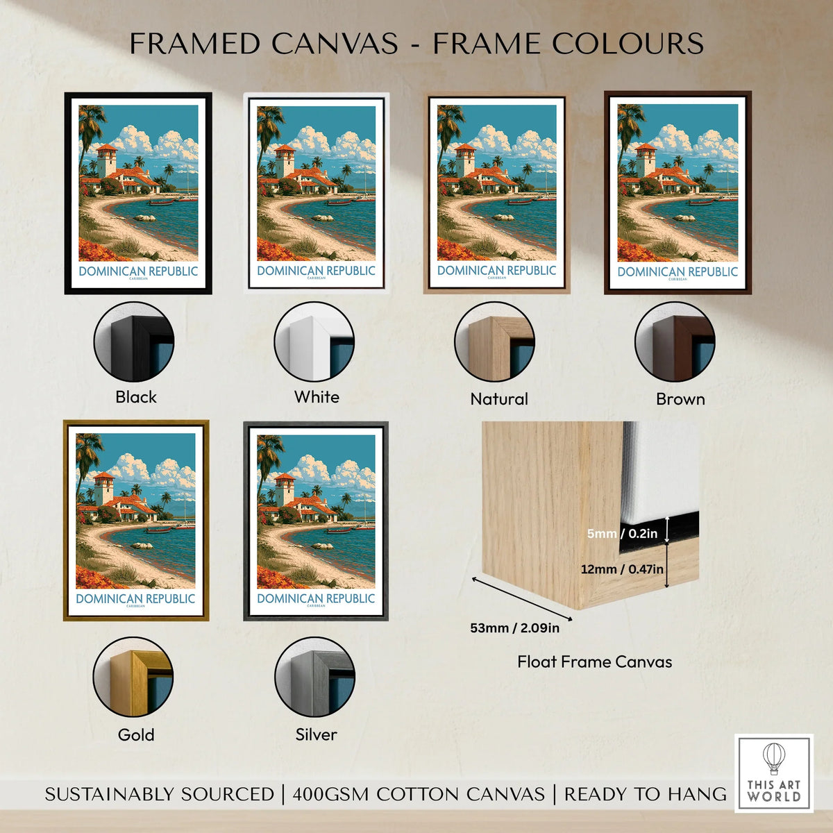 Dominican Republic travel poster in black, white, natural, brown, gold, silver frames. Float frame canvas, ready to hang.