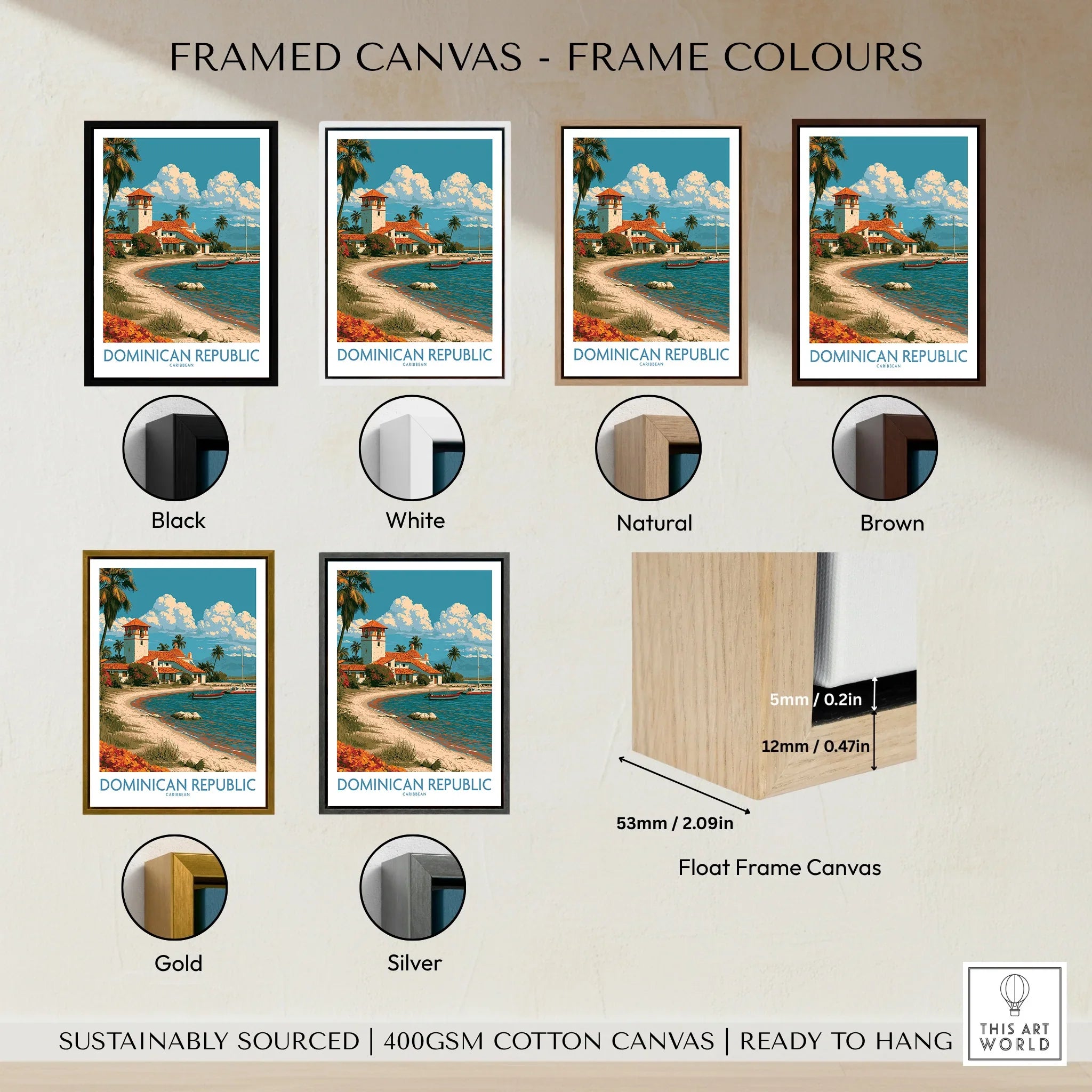 Dominican Republic travel poster in black, white, natural, brown, gold, silver frames. Float frame canvas, ready to hang.