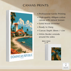 Dominican Republic Caribbean travel poster canvas print with palm trees, beach, and coastal villa, ready to hang wall art