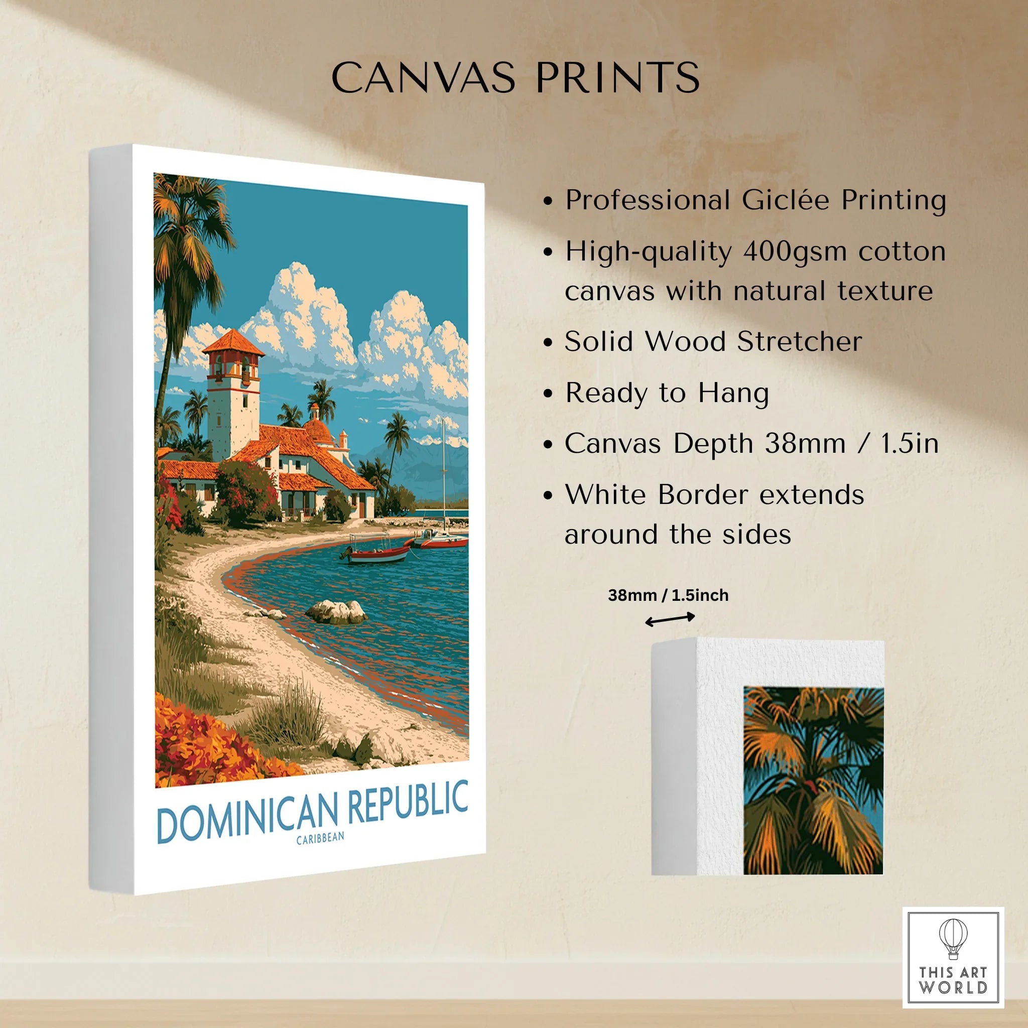 Dominican Republic Caribbean travel poster canvas print with palm trees, beach, and coastal villa, ready to hang wall art