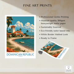 Dominican Republic Caribbean travel poster print with beach, palm trees, and coastal villa, ready to frame