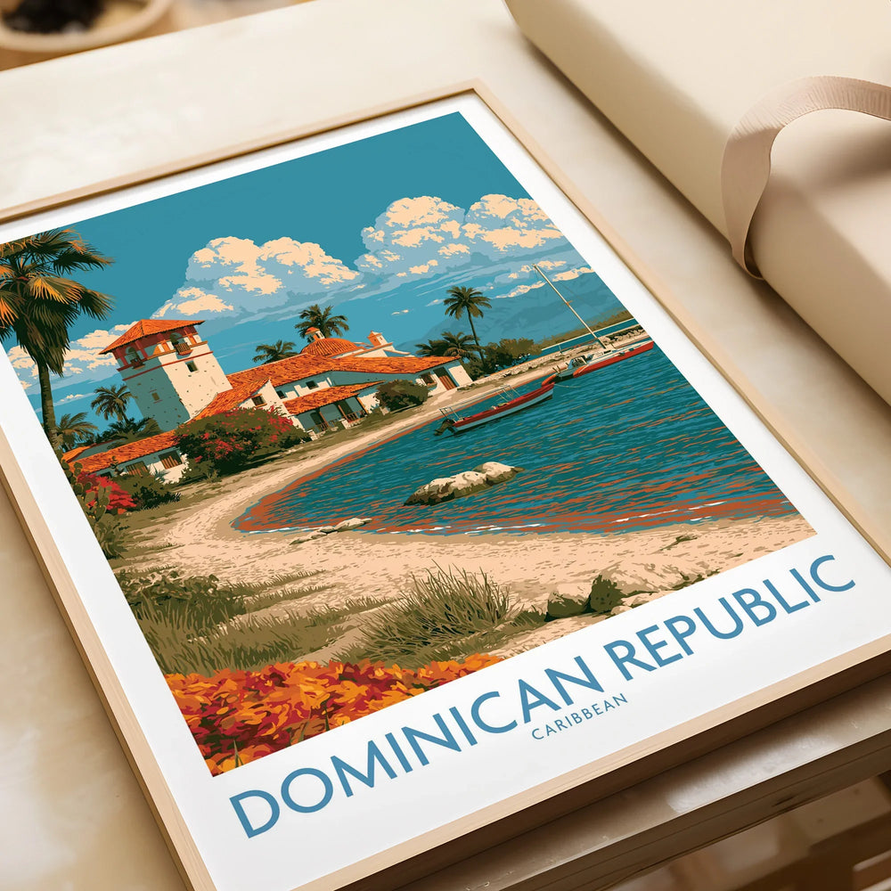 Dominican Republic Caribbean travel poster with beach, palm trees, and coastal villa, perfect wall art decor