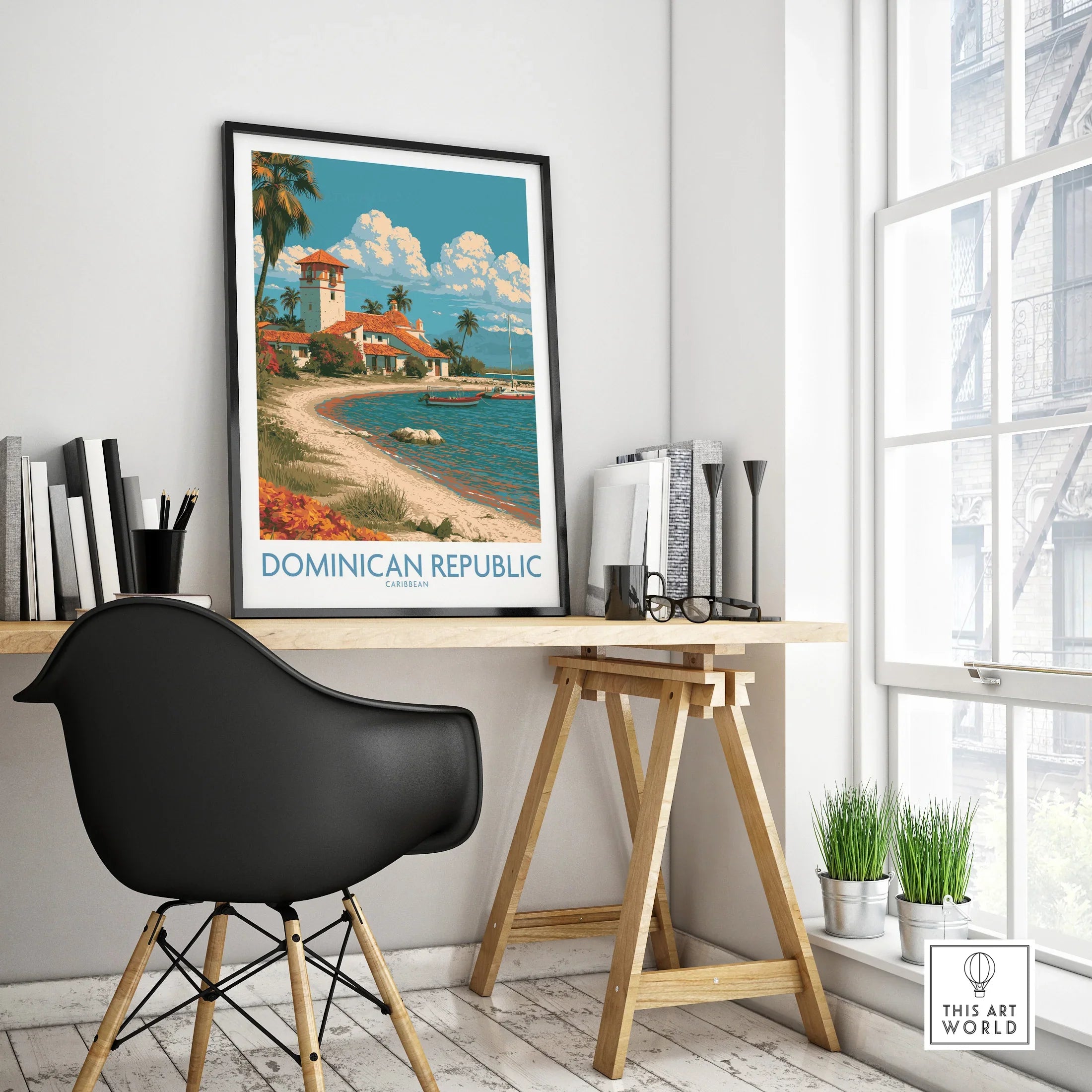 Dominican Republic travel poster with beach, palm trees, and coastal buildings, perfect for home decor wall art
